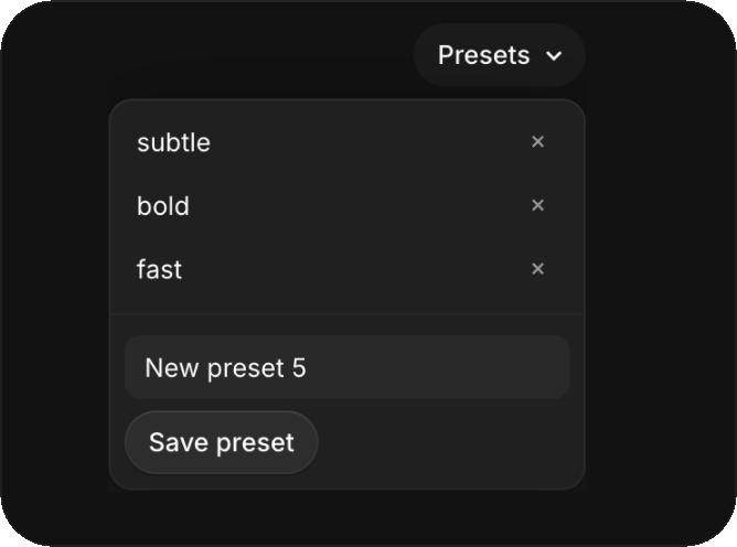 The Studio's presets menu, with saved presets and a field to name a new one.